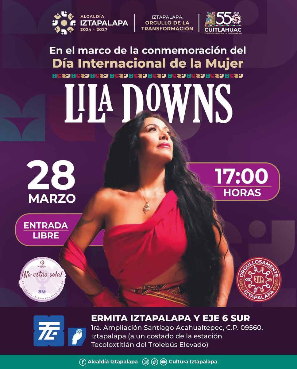 Alc_Iztapalapa's tweet photo. ¡Este 28 de marzo estará la gran Lila Downs en Iztapalapa!

En el marco del 8M, te invitamos a ser parte de este encuentro para reconocer la fuerza y la voz de las mujeres a través de la música.

¡Te esperamos en Ermita Iztapalapa y Octavio Sentíes a partir de las 17:00 hrs. la entrada es totalmente gratis!

#8M
#NoEstásSola