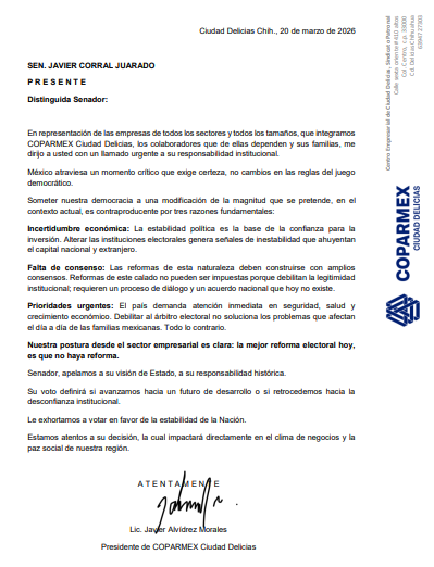 🔵 Senador <a href="/Javier_Corral/">Javier Corral Jurado</a> :

La mejor #ReformaElectoral es que no haya reforma electoral

Empresas, colaboradores y miles de familias necesitan las verdaderas prioridades del país

#PlanB
<a href="/jsierraalvarez/">Juan José Sierra</a>  <a href="/senadomexicano/">Senado de México</a> <a href="/heraldodechih/">Heraldo de Chihuahua</a> <a href="/LaNoticiaReg/">La Noticia Regional</a>