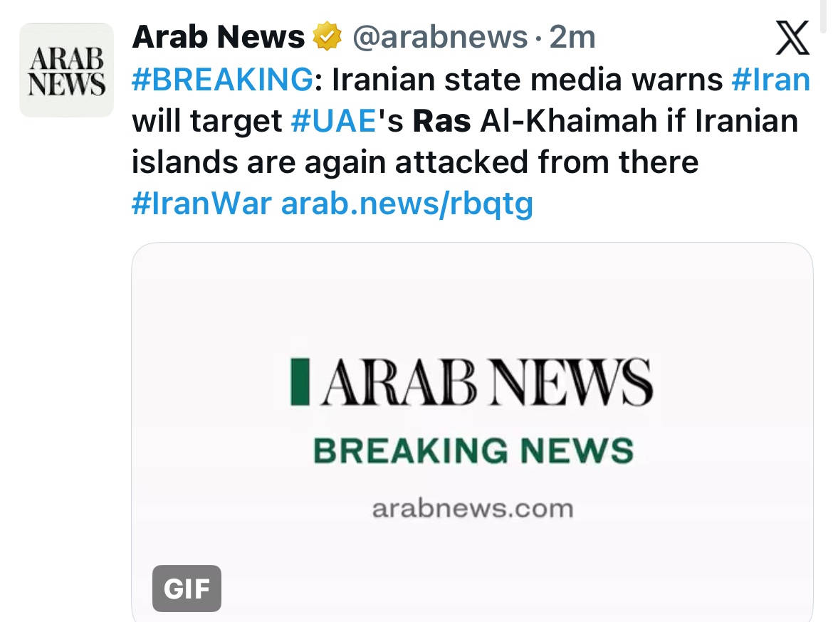 Iranian state media warns it will target the UAE’s Ras Al-Khaimah if Iranian islands are attacked from there again, according to Arab News.

Stay connected, follow <a href="/MOSSADil/">Mossad Commentary</a>.