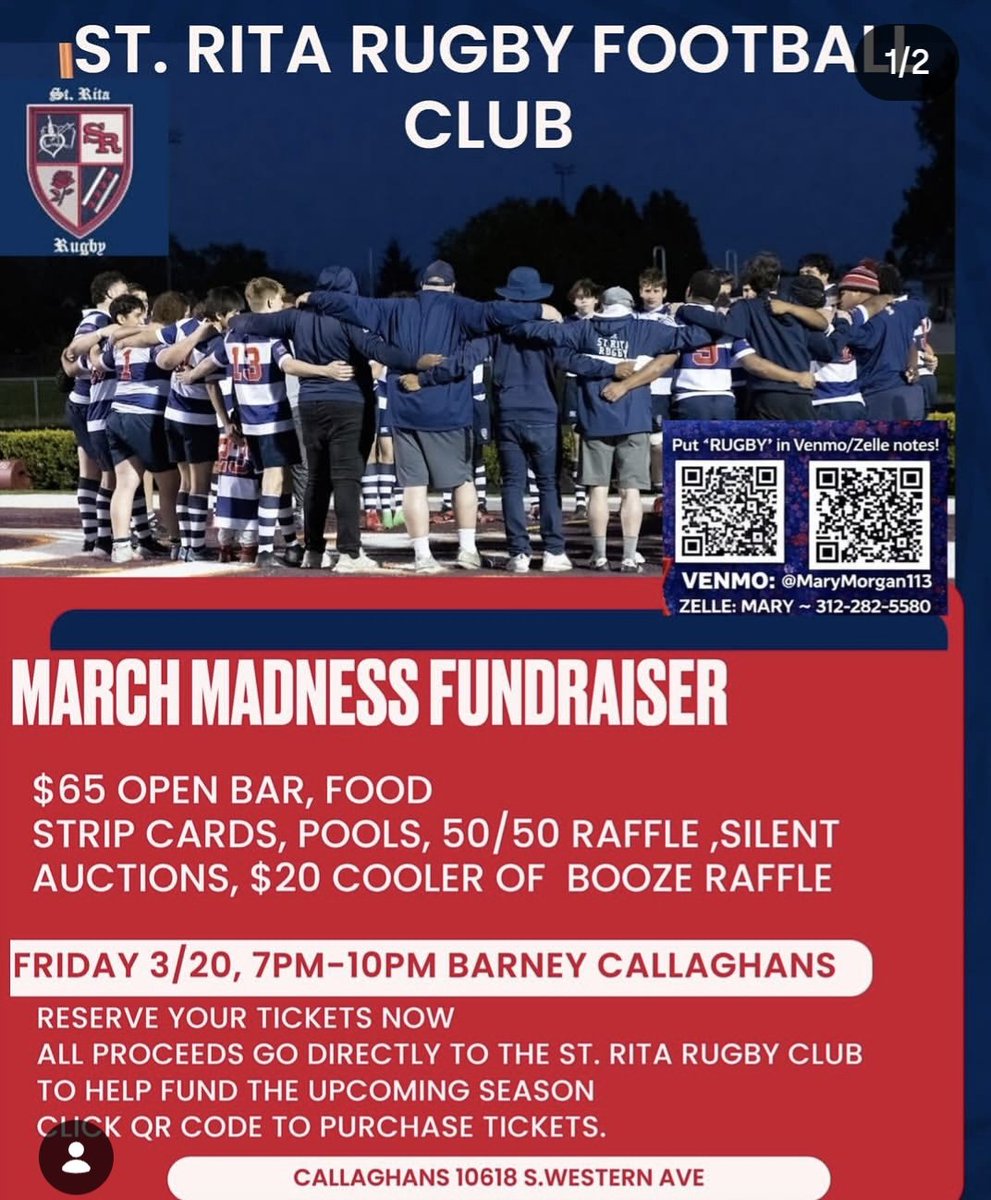 stritarfc's tweet photo. St. Rita RFC March Madness Fundraiser tonight!
7pm-10pm 
Barney Callaghans Pub 
10618 s Western
$65 open bar, food, raffles , strip cards
Come on up and Support HS Rugby https://t.co/AHG3ZMt4UE