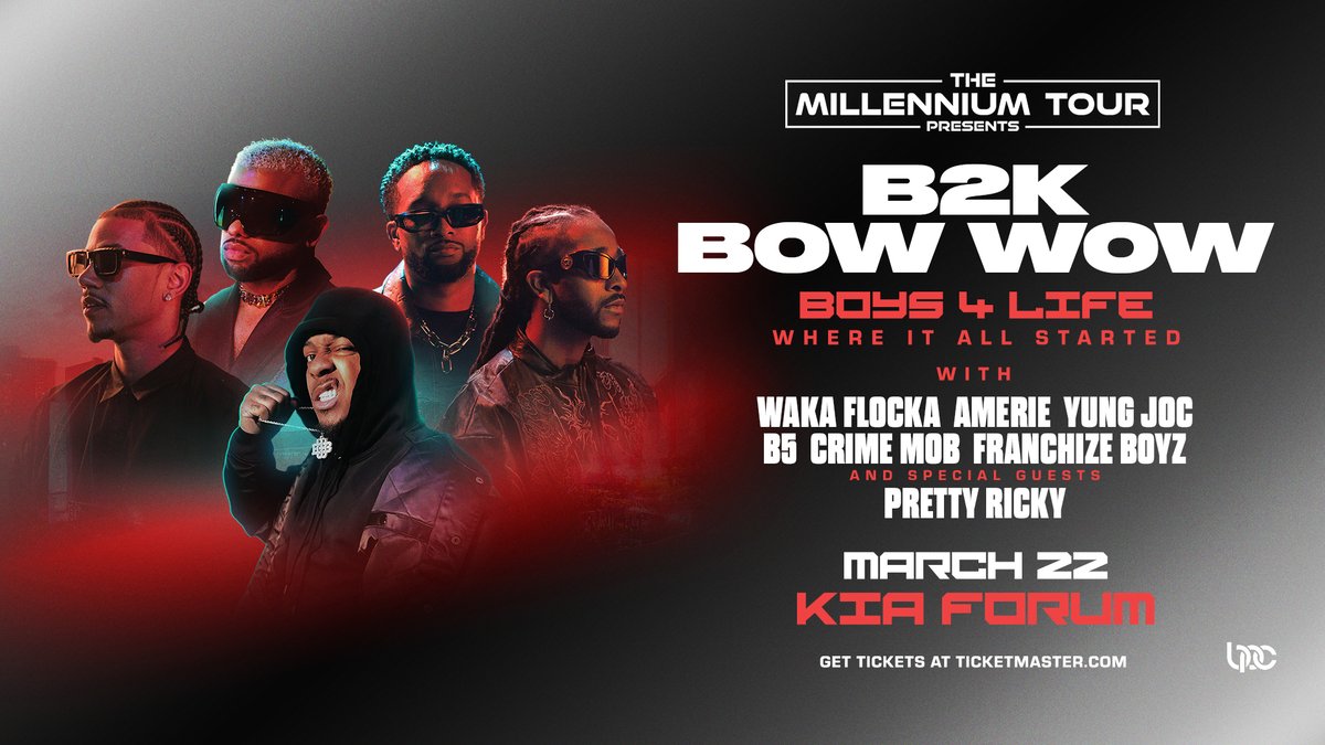 Power106LA's tweet photo. Get ready, #B2K &amp; Bow Wow fans! Boys 4 Life Tour is coming to the KIA Forum on March 22! Don’t miss this epic night of hits &amp; nostalgia. Grab your tickets now: B2K Tour - Black Promoters Collective (BPC) @b2ktourinfo @BPCEvents @Omarion  @airfizzo @boogie_p @raz_b2k @b2k https://t.co/PikVU0LmcS