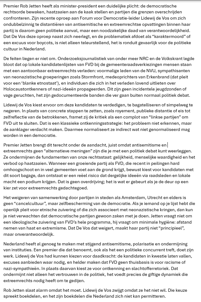 Waarom de zwakke Lidewij de Vos het verzoek van premier Jetten om afstand te nemen van nazi- en extreemrechts gedachten goed niet kan inwilligen