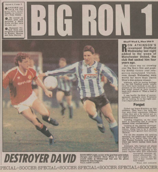 Dunsbyowl's tweet photo. #OnThisDay in 1990 @BigRonAtkinson had a satisfying 1-0 win over Fergie's relegation threatened
@ManUtd (not for the last time๐คฃ) as a goal by "Destroyer" David Hirst secured the victory for 14th placed #swfc in front of 33,260 #sheffielddouble https://t.co/nI01PD7JTA