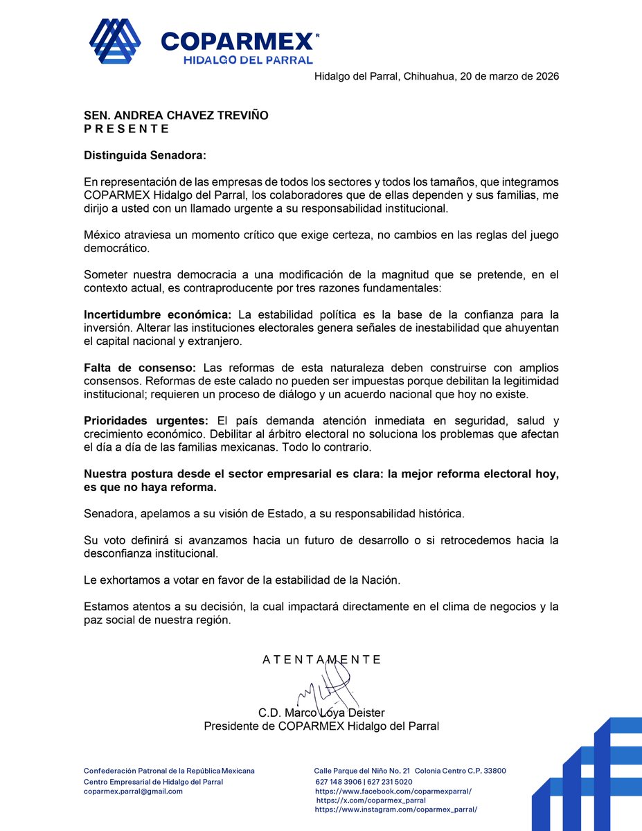 🔵Senadora <a href="/AndreaChavezTre/">Andrea Chávez</a>:

La mejor #ReformaElectoral es que no haya reforma electoral. 

Empresas, colaboradores y miles de familias necesitan seguridad, certeza jurídica para la inversión y enfoque en las verdaderas prioridades del país.

#PlanB

<a href="/Coparmex/">Coparmex Nacional</a> <a href="/jsierraalvarez/">Juan José Sierra</a>