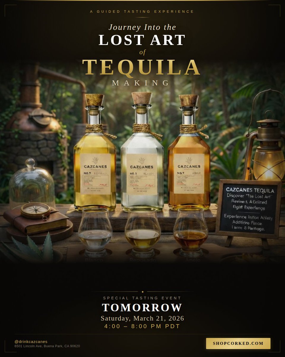 CORKEDBUENAPARK's tweet photo. Journey Into the Lost Art of Tequila Making 🥃 
Join us TOMORROW for an exclusive Cazcanes Tequila tasting experience at CORKED. 🗓 Saturday, March 21st ⏰ 4:00 – 8:00 PM PDT 📍 6501 Lincoln Ave, Buena Park, CA Taste your way through the full lineup — Blanco, Reposado & Añejo — and discover what makes Cazcanes one of the most respected names in artisan tequila. Additive-free. Small batch. Pure heritage. This is more than a tasting — it's a guided experience into flavor, craft, and tradition. Free to attend. 21+ 
@drinkcazcanes 🔗 https://t.co/vDRKq2qmWo 
.
#CazcanesTequila #TequilaTasting #CORKED #BuenaPark #AgaveSpirits #TequilaLovers #LostArtOfTequila #CraftTequila #AdditiveFree #SoCal #OrangeCounty #DrinkBetter #SipDontShoot #TequilaEvent #ShopLocal #Corked #CorkedBuenaPark #OC  #CorkedOC