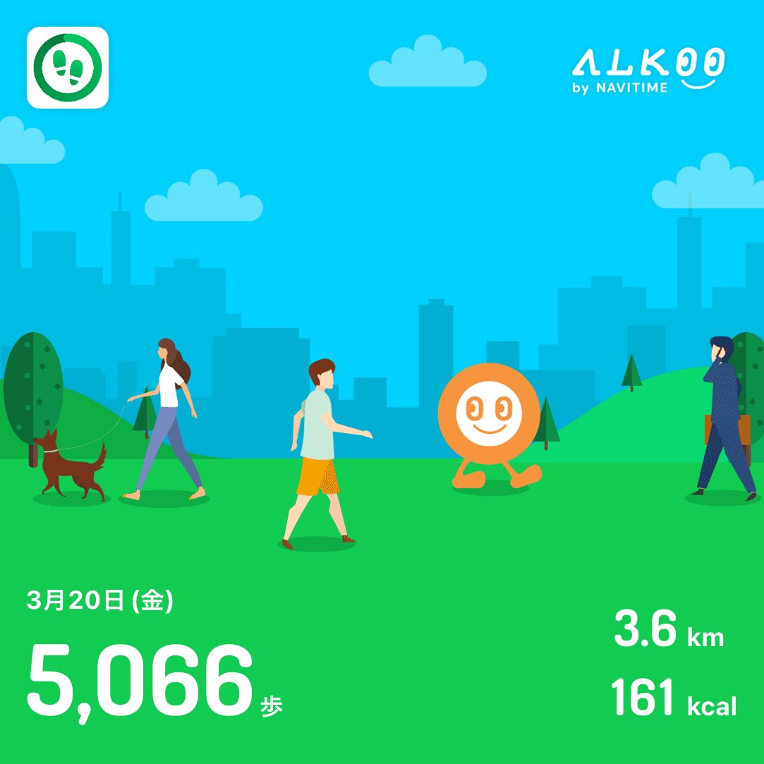 ElveWave's tweet image. 3月20日は5,066歩歩きました❗️🚶 #ALKOO
static.cld.navitime.jp/walkingapp-sto… #ALKOOで歩こう 

お休みなのに頑張ったほう