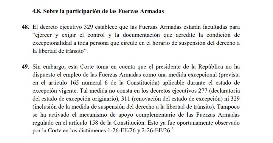 La <a href="/CorteConstEcu/">Corte Constitucional</a> acaba de afirmar que no existe, hasta la fecha, un sustento legal para permitir la movilización de Fuerzas Armadas durante la vigencia del Estado de excepción y del "toque de queda".

La tortura y posterior ejecución del chico de Milagro a manos de <a href="/FFAAECUADOR/">Fuerzas Armadas del Ecuador</a>