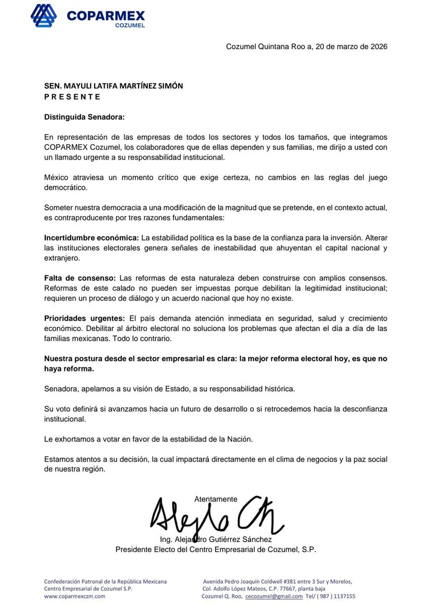 Senadora <a href="/MayuliMtzSimon/">Mayuli Martínez Simón</a>, la mejor #ReformaElectoral es que no haya reforma electoral. Empresas, colaboradores y miles de familias necesitan seguridad, certeza jurídica para la inversión y enfoque en las verdaderas prioridades del país.
<a href="/Coparmex/">Coparmex Nacional</a> <a href="/jsierraalvarez/">Juan José Sierra</a> <a href="/senadomexicano/">Senado de México</a>