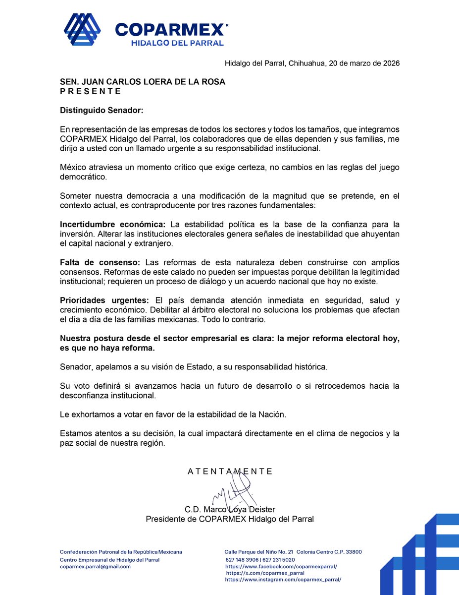 🔵Senador @JloeraJuan: 

La mejor #ReformaElectoral es que no haya reforma electoral.   

Empresas, colaboradores y miles de familias necesitan seguridad, certeza jurídica para la inversión y enfoque en las verdaderas prioridades del país.   

#PlanB

<a href="/Coparmex/">Coparmex Nacional</a> <a href="/jsierraalvarez/">Juan José Sierra</a>
