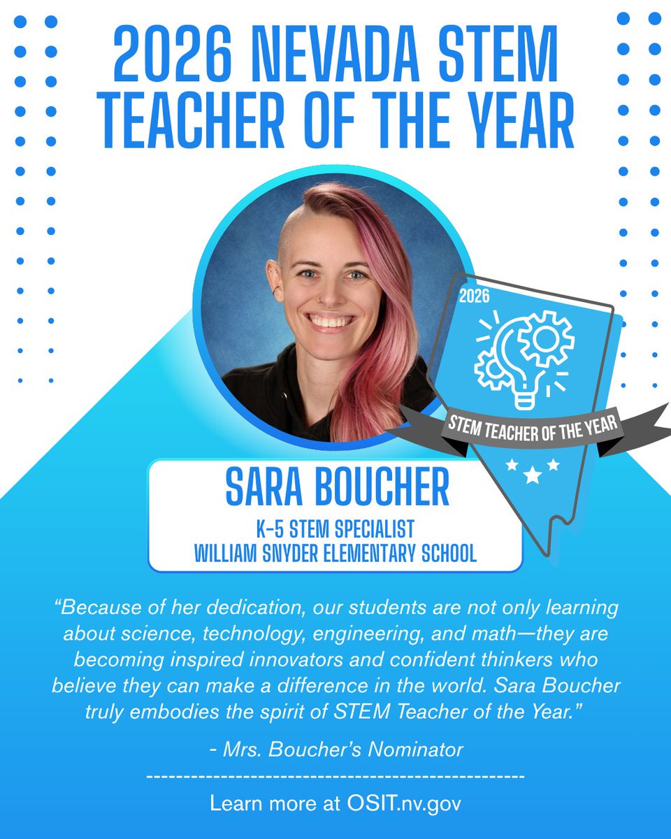 NV_OSIT's tweet photo. OSIT is proud to recognize Nevada’s 2026 STEM Award recipients:
 🎉 Jason Mattick, STEM Advocate of the Year
🎉 Sara Boucher, STEM Teacher of the Year

Learn more and see regional winners: https://t.co/Ri1SlZACBo
#STEM #STEMinNevada #STEMteacher #STEMadvocate #OSIT https://t.co/DWcEhfWqNA