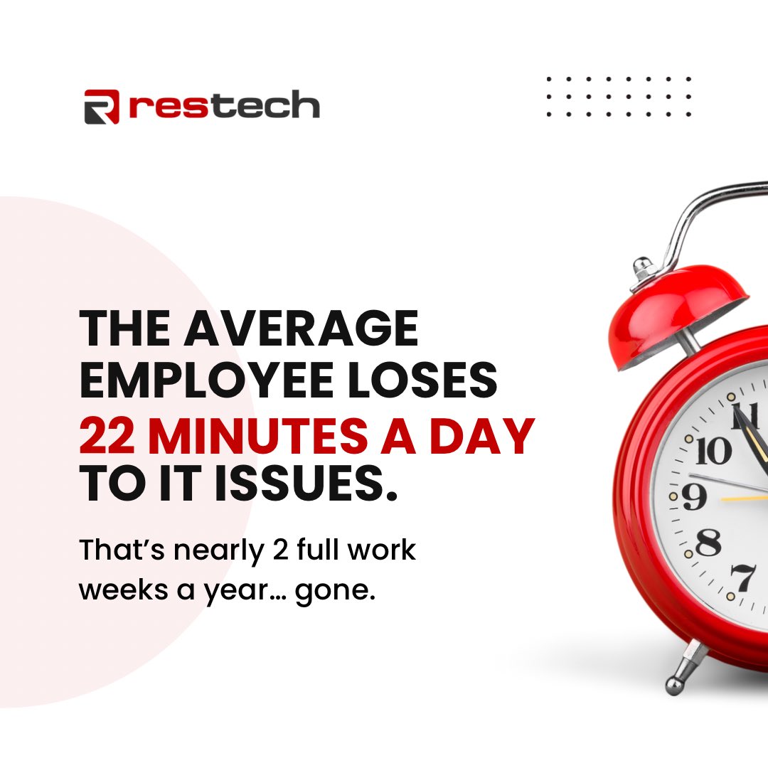 RestechInfo's tweet photo. 22 minutes a day doesn’t sound like much… until it adds up.

That’s nearly 2 full work weeks a year lost to IT issues.

Your team should be growing the business—not fighting tech.

If your systems feel like a setback, it’s time for a better approach. 💻 https://t.co/hrOiVqHJBM https://t.co/nedMlzK8PK