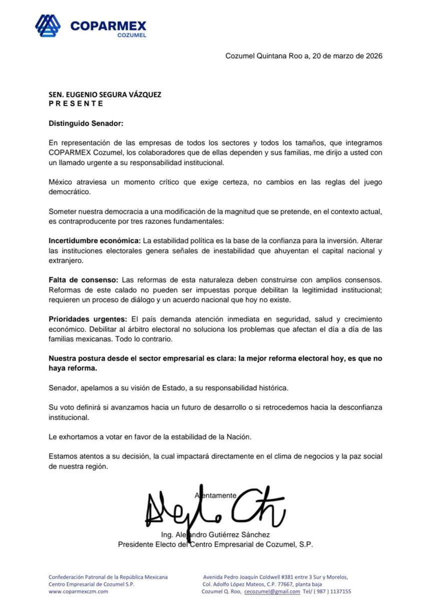 🔵 Senador <a href="/GinoSeguraV/">Gino Segura</a>, la mejor #ReformaElectoral es que no haya reforma electoral.
Empresas, colaboradores y miles de familias necesitan seguridad, certeza jurídica para la inversión y enfoque en las verdaderas prioridades del país.
<a href="/Coparmex/">Coparmex Nacional</a> <a href="/jsierraalvarez/">Juan José Sierra</a> <a href="/senadomexicano/">Senado de México</a>