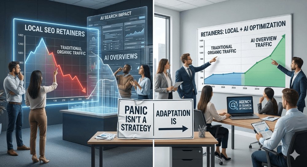 BradleyBenner's tweet photo. Your agency relies on local SEO retainers.
But AI search is eroding traditional organic traffic.

Panic isn't a strategy. 
Adaptation is.

We handle AI search optimization for agencies.

Got questions about optimizing for AI search? 
Comment below. 👇

#SEOCommunity #AgencyLife https://t.co/9XOxtijlOk
