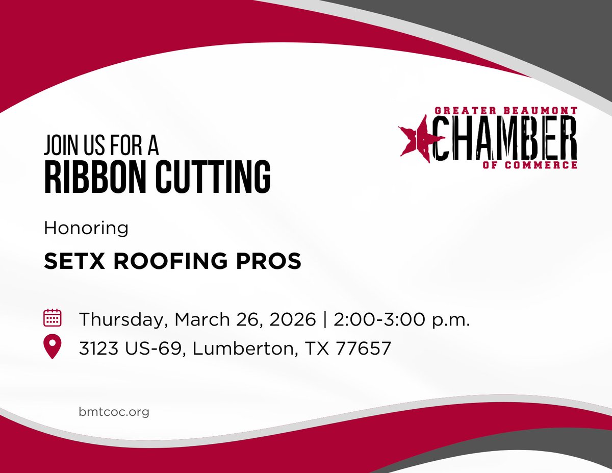 Please join the @BmtChamber as we welcome one of our newest members, SETX Roofing Pros, to the community! Stop by to meet the team, explore their new location, and show your support for a growing local business. 

#GBCOC #ChamberMember #RibbonCutting