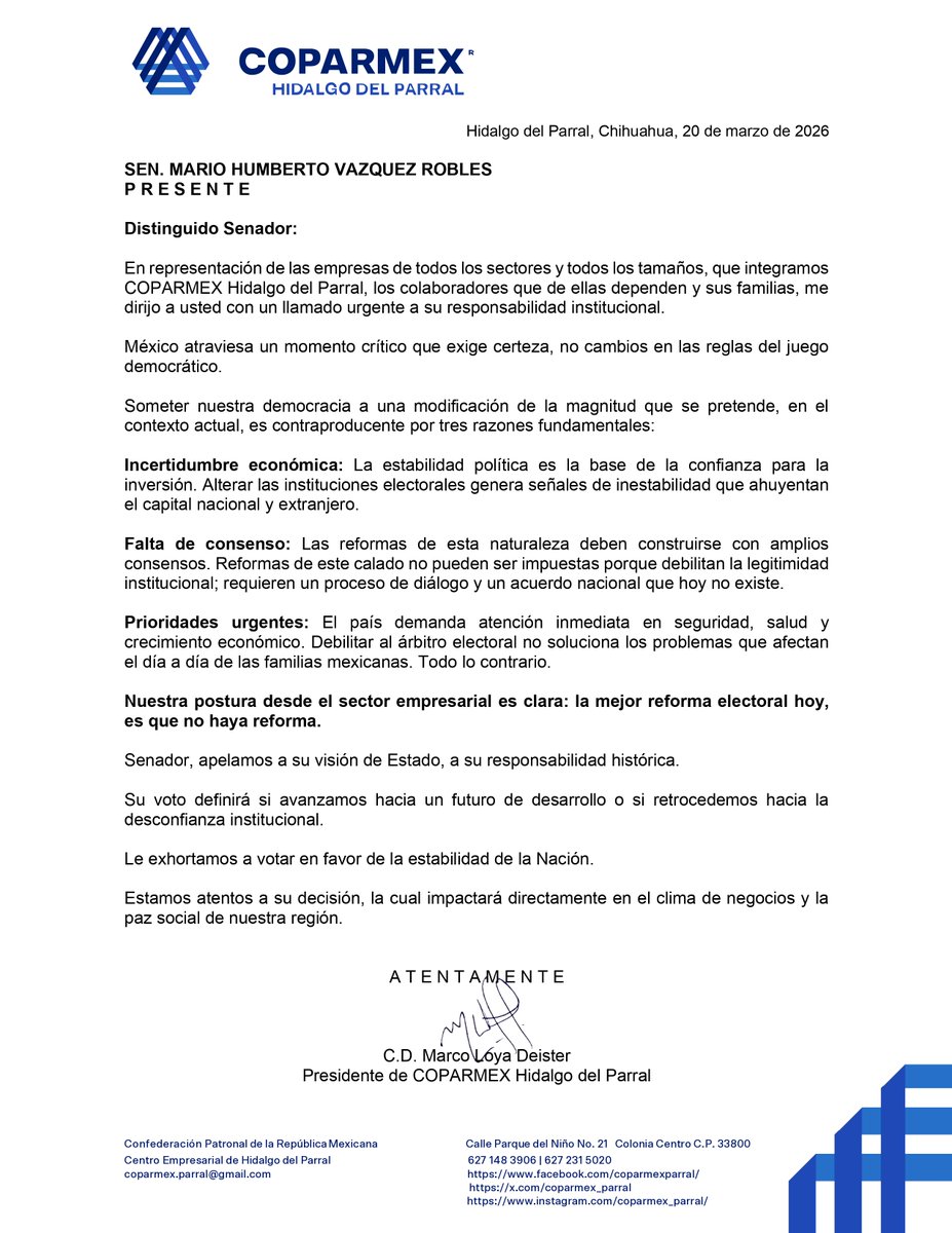 🔵Senador <a href="/MarioVzqzR/">Mario Vázquez Robles</a>:   

La mejor #ReformaElectoral es que no haya reforma electoral. 

Empresas, colaboradores y miles de familias necesitan seguridad, certeza jurídica para la inversión y enfoque en las verdaderas prioridades del país. 

#PlanB

<a href="/Coparmex/">Coparmex Nacional</a> <a href="/jsierraalvarez/">Juan José Sierra</a>