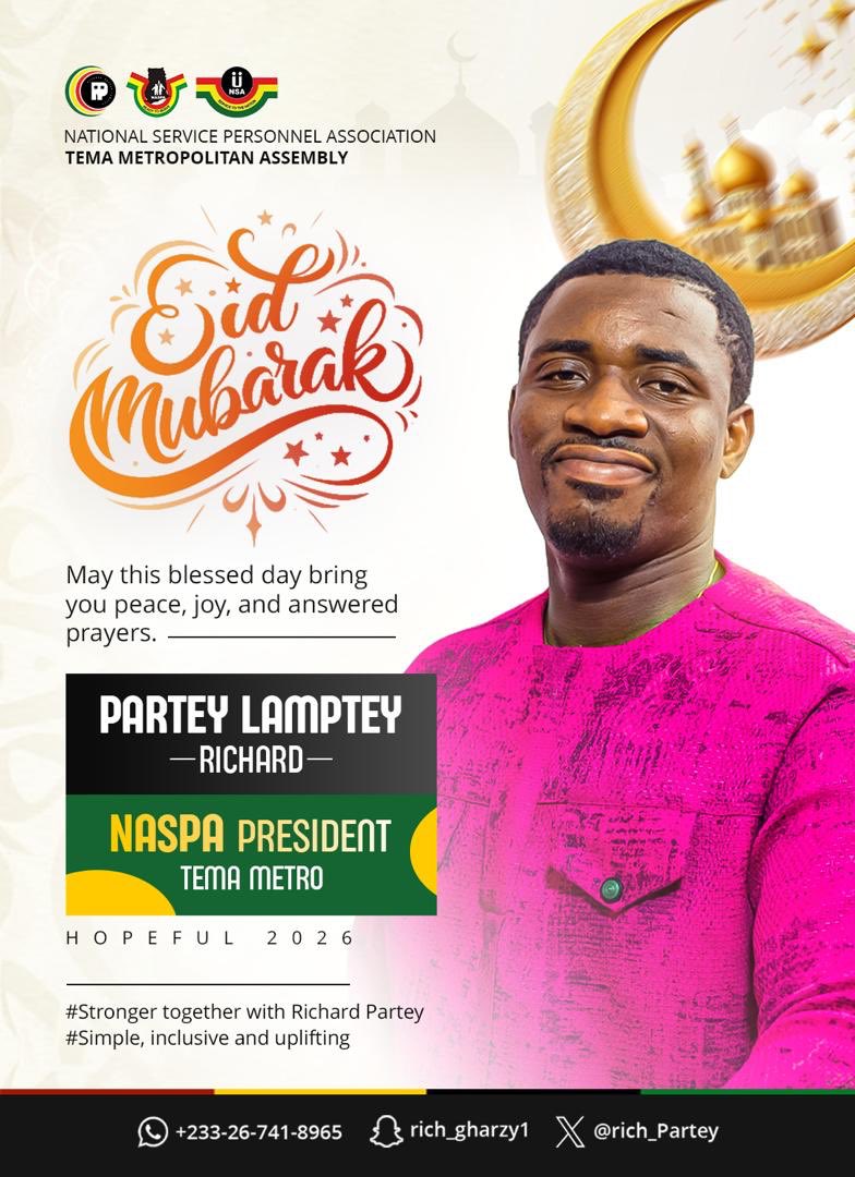 AmoakoKwam's tweet photo. From Richard Partey Lamptey 🇬🇭❤️, Tema Metropolitan Assembly  

On this blessed occasion of Eid al-Fitr ,marking the successful completion of Ramadan 1447 AH (observed on March 20, 2026), we extend our warmest greetings to all Muslim brothers and sisters in Tema Metro and beyond.  

May this joyous day shower upon you abundant peace, happiness, good health, and acceptance of all your prayers and good deeds.  

Eid Mubarak!

With unity and progress in mind,  
Richard Partey Lamptey
NASPA President hopeful 
Tema Metropolitan Assembly  

♻️🇬🇭RICHARD PARTEY INFORMS🫵🏼🇬🇭♻️