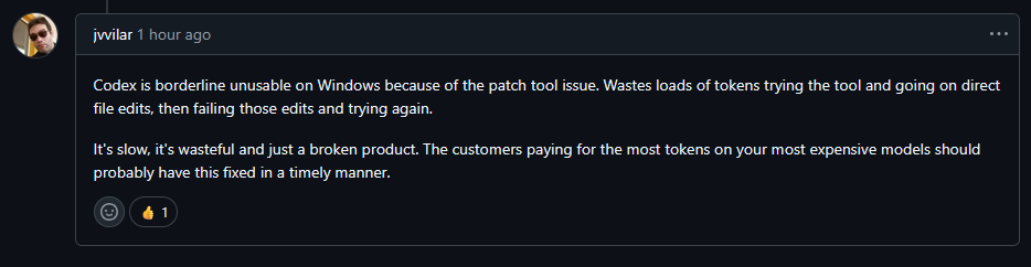 GitMurf's tweet photo. @dkundel @embirico @ajambrosino @dkundel this is another user who just commented on another similar gh issue and kind of answers your question for why Codex is "not usable" with these apply_patch issue. It is a bit dramatic but essentially explains what I was trying to communicate as well. https://t.co/1AWmuWo17T