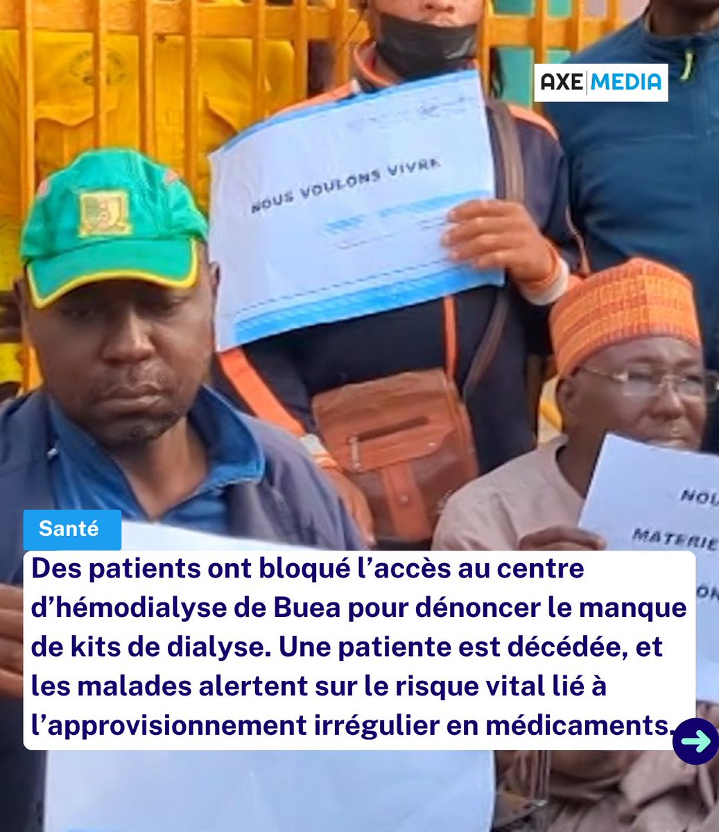 🩺 Des patients ont bloqué l'accès au centre de Buea, protestant contre le manque de kits de dialyse. Une patiente est décédée, ce qui a déclenché la mobilisation.

⚠️ Les traitements sont irréguliers et les ressources insuffisantes, exposant les malades à un risque vital. Ils