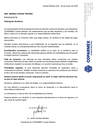 🔵 Senador <a href="/AndreaChavezTre/">Andrea Chávez</a> :

La mejor #ReformaElectoral es que no haya reforma electoral

Empresas, colaboradores y familias necesitan seguridad, certeza jurídica y enfoque en las verdaderas prioridades del país

#PlanB <a href="/Coparmex/">Coparmex Nacional</a> <a href="/jsierraalvarez/">Juan José Sierra</a> <a href="/diariochihuahua/">El Diario de Chihuahua</a> <a href="/elheraldocuu/">El Heraldo de Chihuahua</a>