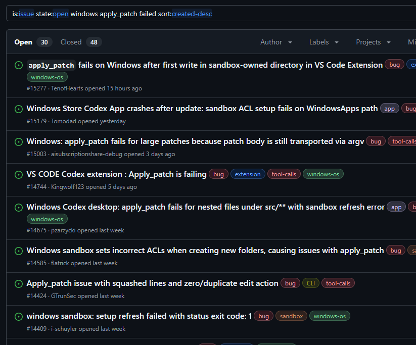 GitMurf's tweet photo. @dkundel @embirico @ajambrosino Here is a gh issues search for issues with Windows and `apply_patch` in them which shows several variations of the issue all within the past week: https://t.co/KtQDRdlkz3 https://t.co/MlRAQlIFaQ
