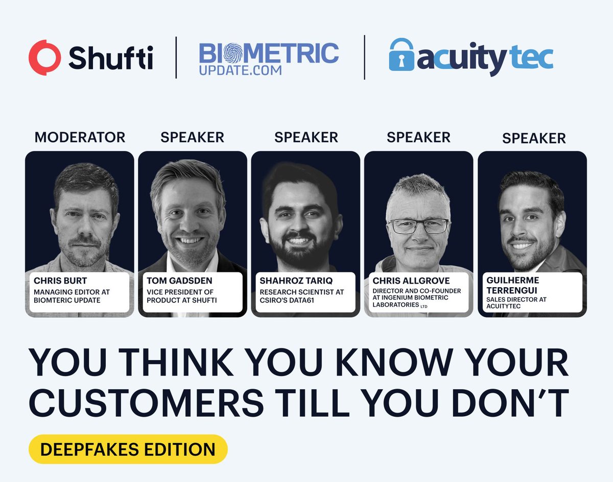 acuitytec's tweet photo. Deepfakes aren’t failing KYC. They’re passing it. That’s the problem.

We joined @Shufti_Global + @BiometricUpdate to break down: 
• Synthetic identities already in your system 
• Why legacy KYC misses them 
• How to detect them now

🎥 Watch : https://t.co/sX3BxDiLuT https://t.co/EWyHFFFYpY