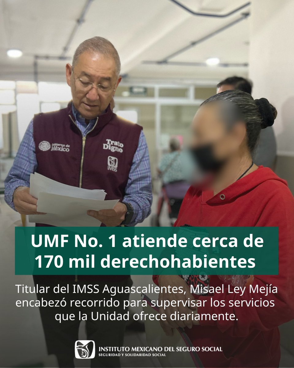 IMSSagsOficial's tweet photo. 🦅🏥 UMF No. 1 brinda servicio de Medicina Familiar, Odontología, Enfermería, Nutrición, entre otros a cerca de 170 mil derechohabientes. El  titular del #IMSSAguascalientes encabezó el recorrido para supervisar la atención de las y los pacientes. https://t.co/X2OiGXBNNg