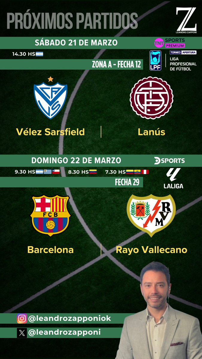 leandrozapponi's tweet photo. Fin de semana de partidazos!
Por @TNTSportsAR 📺 la #Fecha12 de la @LigaAFA 🇦🇷; y por @DSports 📺 la #fecha29 de @LaLiga  🇪🇸 
Los esperamos
😃⚽️☝️🐸
#NoTeLoPodésPerder https://t.co/H6nlzTC7oe