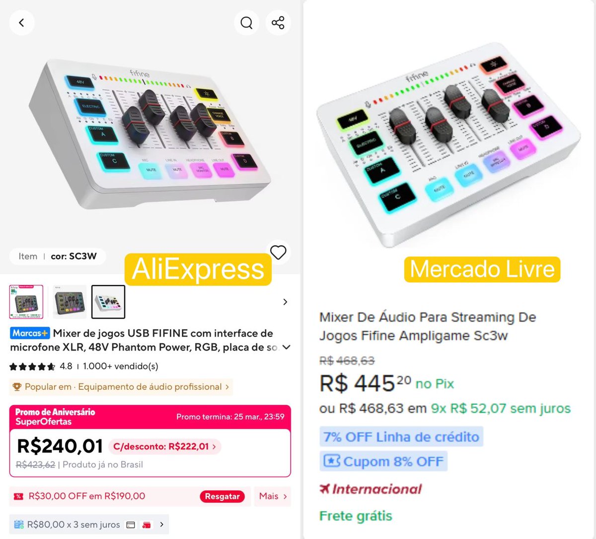 nerdallstars's tweet image. 🚨🚨🚨ATENÇÃO🚨🚨🚨

O FIFINE SC3 custa R$445,20 no Mercado Livre, enquanto na loja oficial do AliExpress está por R$240,01 — economia de R$205,19.
Unidades limitadas por dia até 25 de março.
#AliExpress #MarcasPlus #publi