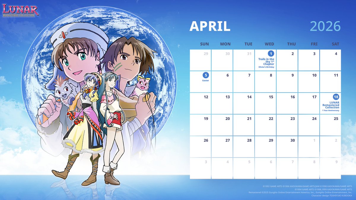⛆  April GungHo Calendar  ⛆

Journey back to the stars with this April PC wallpaper featuring #LUNARRemastered! 💫

Download now: loom.ly/fwHHFjU