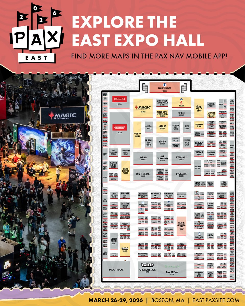 pax's tweet photo. Build your ultimate #PAXEast 2026 Expo Hall checklist now
Dive into more show maps 👉 https://t.co/H5SG8oMWmZ
⏰ Lock in badges before week of show pricing starts March 23 https://t.co/bhDzixE0dP