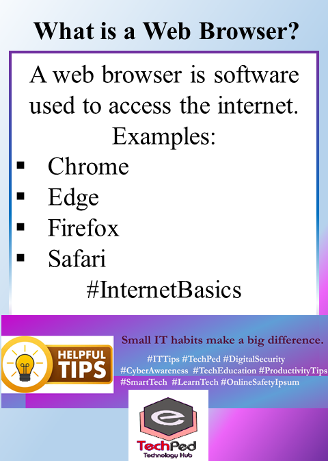 Techped_Net's tweet photo. A web browser is software used to access the internet. 
#InternetBasics https://t.co/C9Hbzq5gEH