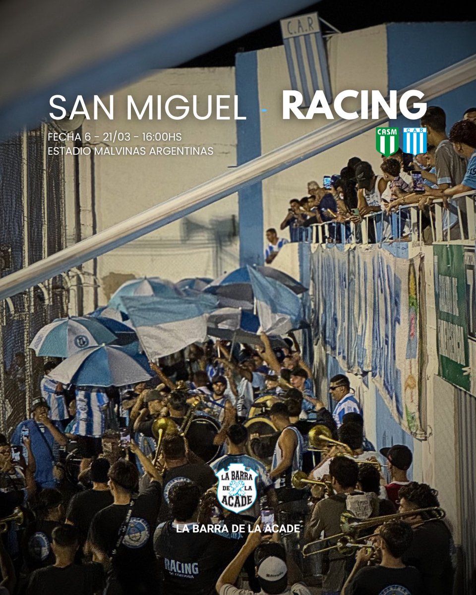 JUEGUE ACADEMIA 🩵🤍  #racingcba

🏆 #PrimeraNacional
🆚 Club Atlético San Miguel 
🗓️ sábado 21/03
🕙 16:00 hs
🏟️ Estadio Malvinas Argentinas
💻 LPF | PLAY