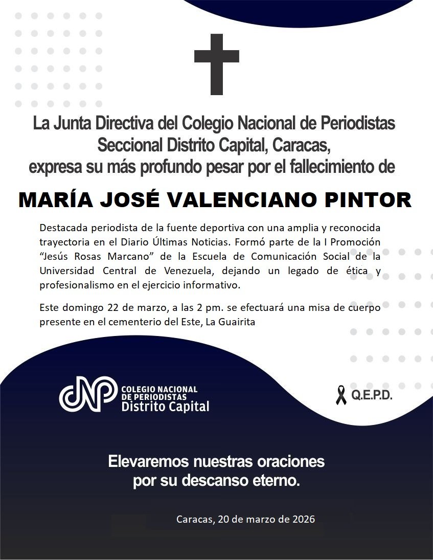#20Mar La Junta Directiva expresa su pesar por el fallecimiento de María José Valenciano (Q.E.P.D),destacada periodista de la fuente deportiva, con una amplia y conocida trayectoria en el Diario Últimas Noticias. Nuestras condolencias a familiares y amigos.