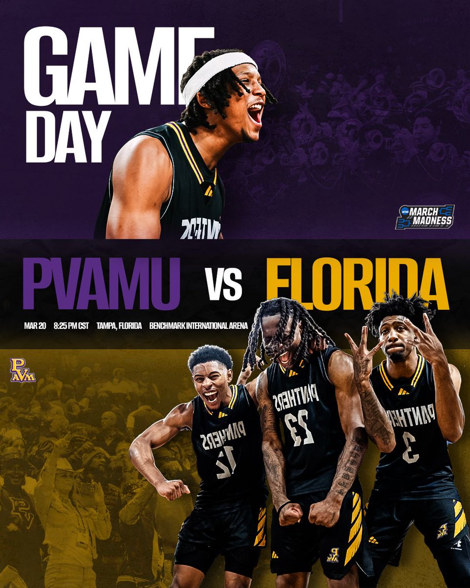 PVAMUPanthers's tweet image. PVAMUMBB: 🏀 GAMEDAY

Panthers vs. Florida Gators
📍 Tampa, Fla.
⏰ 9:25 PM ET

Fresh off a First Four win over Lehigh Mountain Hawks — let’s keep it rolling.

#PVAMU #MarchMadness