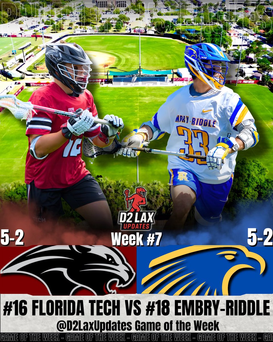 D2LaxUpdates's tweet photo. Our Week 7 Game of the Week!!!
Our Game of the Week features #16 Florida Tech versus #18 Embry-Riddle on Saturday March 21st at 1 EST.
#floridatech #embryriddle #d2lax https://t.co/saMTkmQhgP