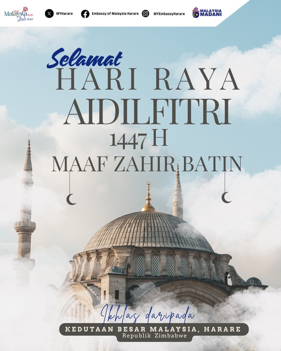 MYEmbassyHarare's tweet photo. Salam Aidilfitri dari kami di Harare, Republik Zimbabwe buat semua di tanah air.

Selamat Hari Raya Aidilfitri Maaf Zahir dan Batin dari Kedutaan Besar Malaysia, Harare, ✨🌆🕌 https://t.co/HUKbk6FsIF