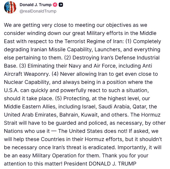 ترامب: نقترب من إنهاء جهودنا العسكرية في الشرق الأوسط