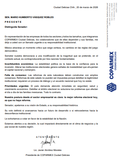 🔵 Senador <a href="/MarioVzqzR/">Mario Vázquez Robles</a> :

La mejor #ReformaElectoral es que no haya reforma electoral.
Empresas, colaboradores y familias necesitan seguridad, certeza jurídica para la inversión y enfoque en las verdaderas prioridades del país.

#PlanB <a href="/Coparmex/">Coparmex Nacional</a> <a href="/jsierraalvarez/">Juan José Sierra</a> <a href="/RadizaDelicias/">Radiza Delicias</a>