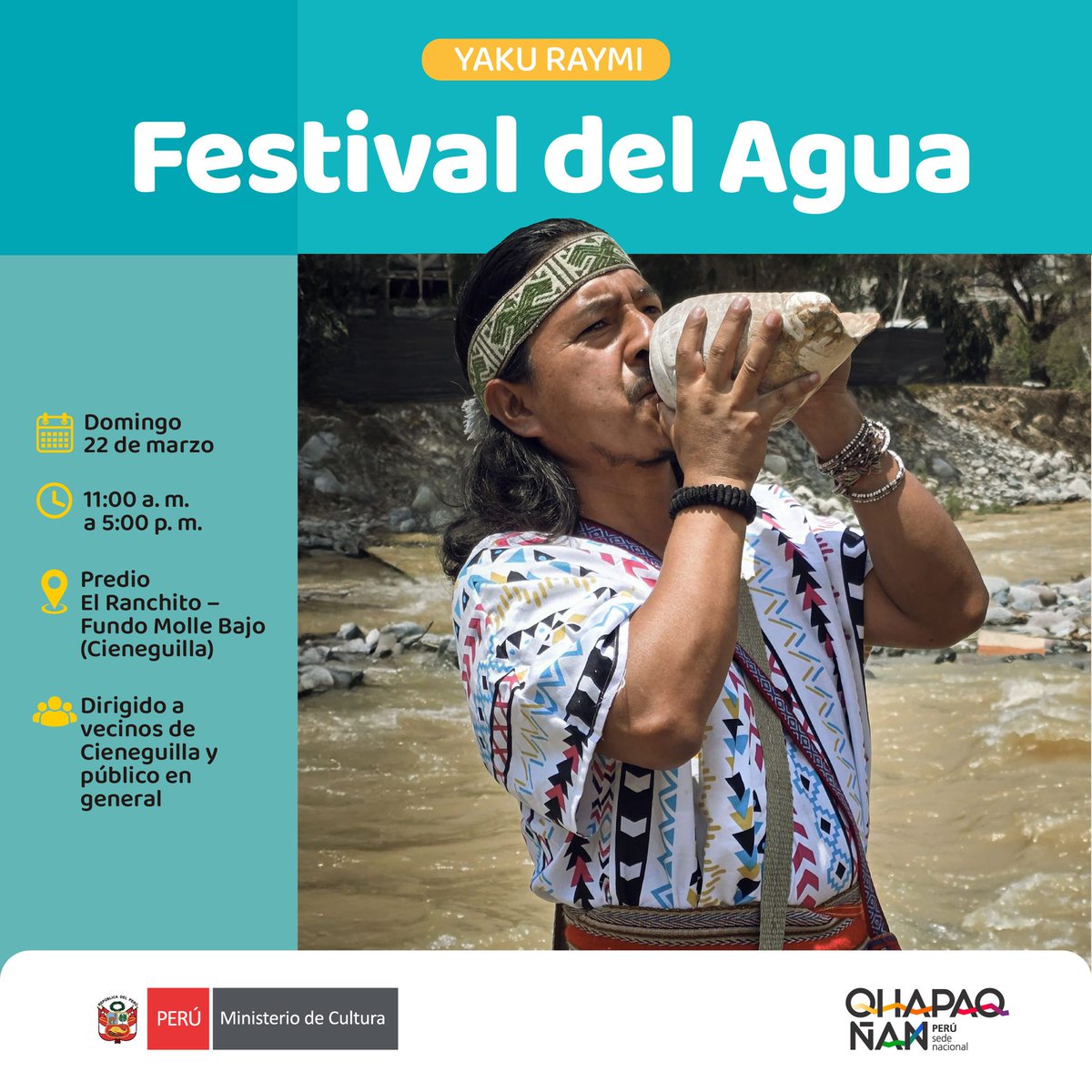 Acompáñanos al Festival del Agua en Cieneguilla
📅Dom 22 marzo
🕕Desde las 11am
📍Predio “El Ranchito” Fundo Molle
Esta es una iniciativa del Proyecto Qhapaq Ñan para reconectar con el profundo significado que el agua tuvo en nuestros antepasados.
Programa bit.ly/3NslEP6