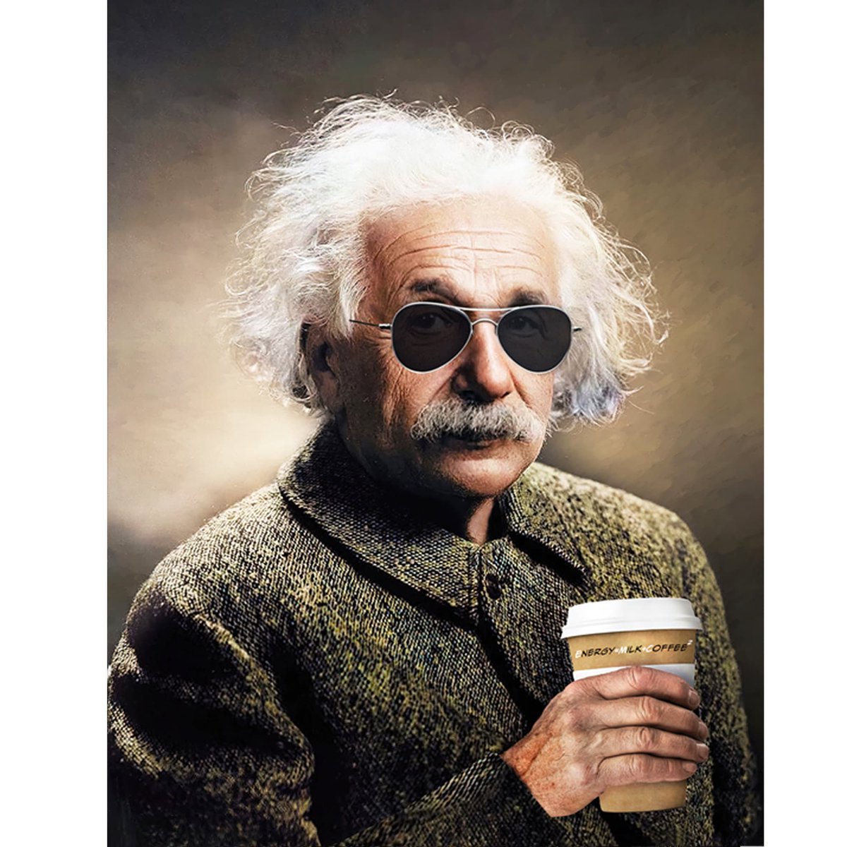 I  shit you not! I saw this guy walking towards me as I drove through  Francestown NH today. The white hair and mustache, The Sun glasses, the  overcoat AND the cup of coffee. I just googled Einstein with Sun Glasses  and it blew my mind to find one image that had it all.