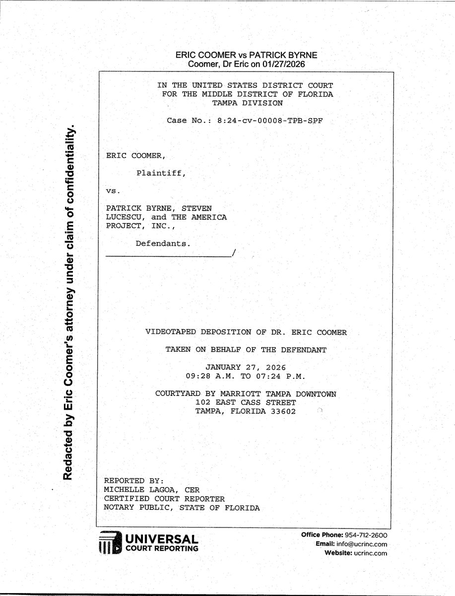 🚨 Tweet #42: January 27, 2026. Eric Coomer. Under oath. In a federal deposition, thanks to <a href="/PatrickByrne/">Patrick Byrne</a> for him fighting communist Coomer.

Dominion Voting Systems' own Director of Product and Security.

The same man who told a Georgia grand jury he had no access and no ability