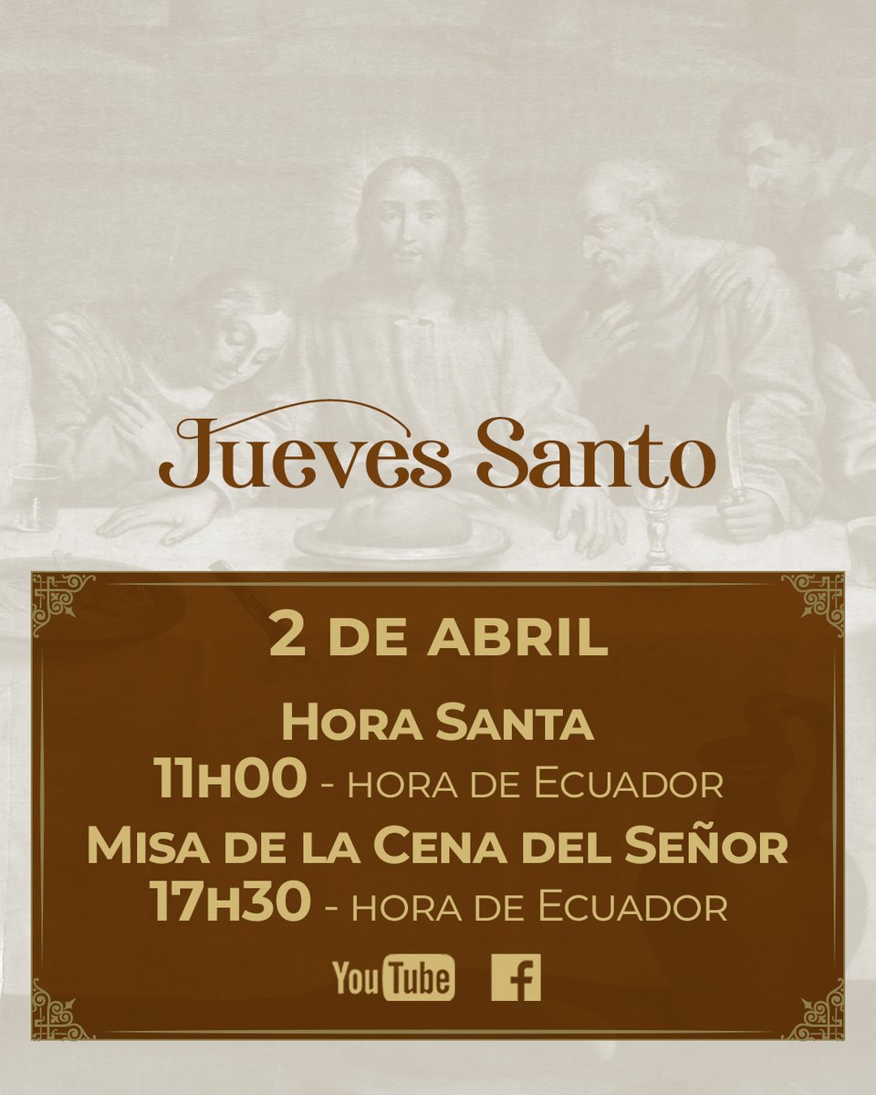 Cab_Ecuador's tweet photo. 1/2 | ¡Salve María!
Estamos próximos a iniciar la #SemanaSanta, el tiempo más importante del año litúrgico y los días donde conmemoramos la Redención.
✝️ Revise a continuación los horarios de transmisión de las #Misas Solemnes en nuestras redes sociales.
#caballerosdelavirgen https://t.co/EaHcQ74tmb