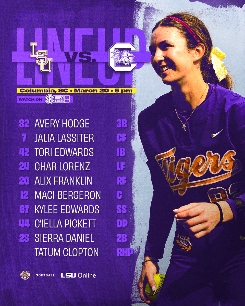 LSUsoftball's tweet photo. Friday night in Columbia ⤵️

📊 https://t.co/r37HuMlAVC
📺 https://t.co/66JVhYPnN5
📻 https://t.co/4WAcdUt33Q https://t.co/xW429uCNLQ