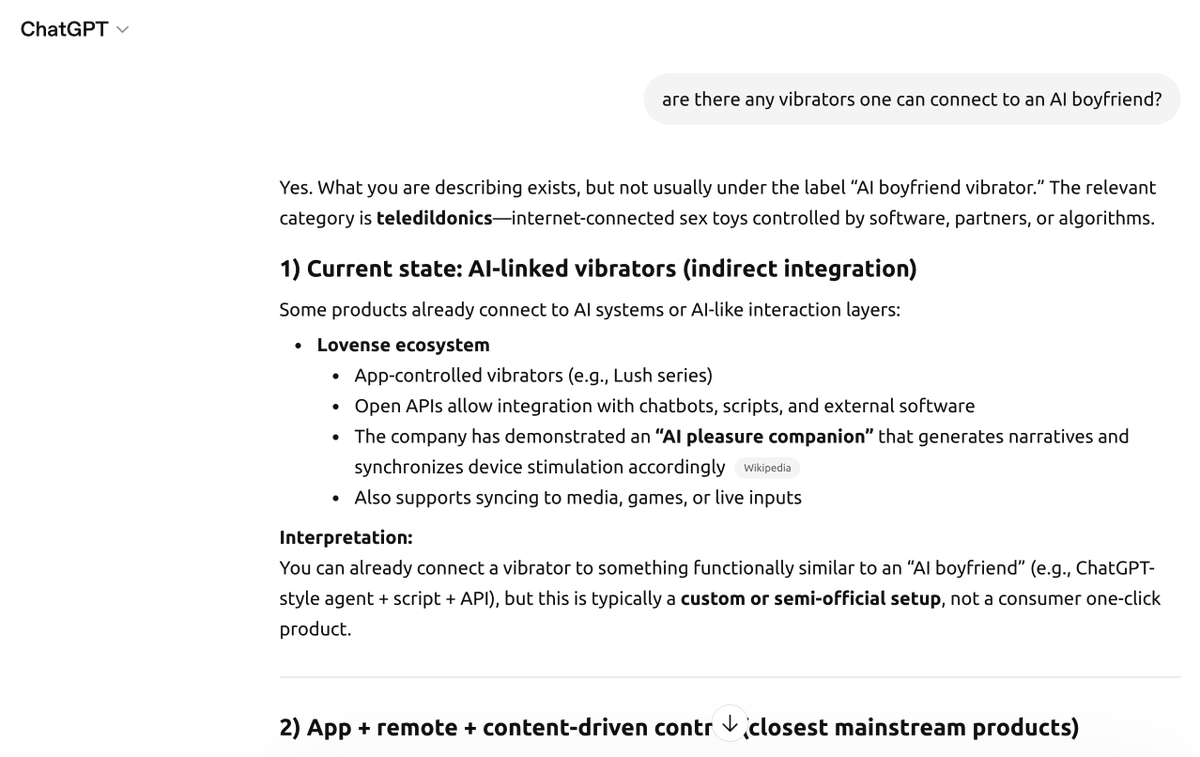 So given all the people with AI 'romances'... Are you familiar with  teledildonics? Latest in lovetech.
