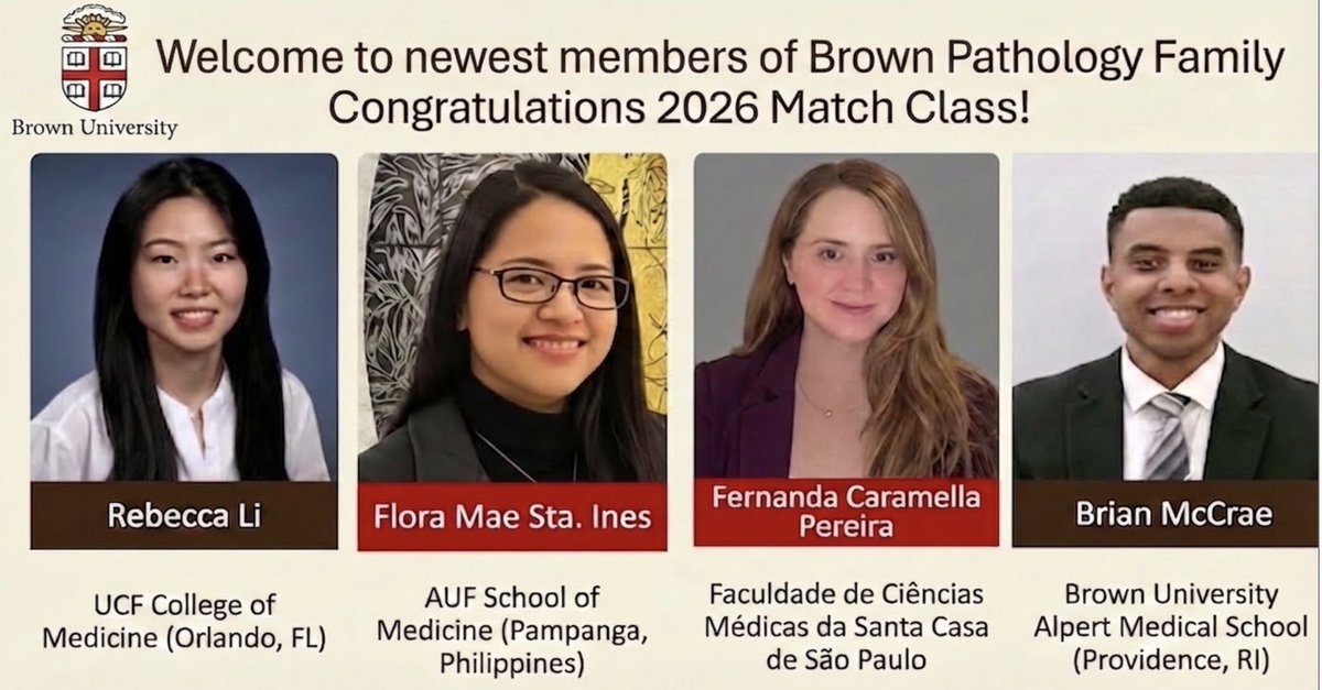 BrownPathology's tweet photo. It is a momentous day at Brown! We are absolutely thrilled to announce our incoming class of Pathology residents. #PathMatch #Pathology #BrownUniversity #Matchday2026 https://t.co/0jYonbIHvN