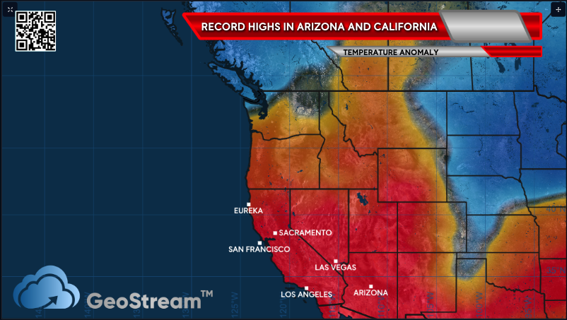 geostreamstudio's tweet photo. Record high temperatures are surging throughout California and Arizona, with record breaking temperatures exceeding 100°F in places in March. Scorching heat continues through the weekend. #geostream https://t.co/8agXK2JZcF