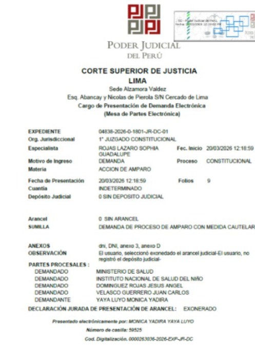 Hoy interpuse la acción de amparo en nombre de los padres de Dereck, así como una medida cautelar, contra el Ministro de Salud <a href="/Minsa_Peru/">Ministerio de Salud</a> y el Director del Hospital del Niño (San Borja). El bebé ha tenido dos paros cardíacos por falta de atención <a href="/Defensoria_Peru/">Defensoría del Pueblo</a> <a href="/FiscaliaPeru/">Ministerio Público</a>