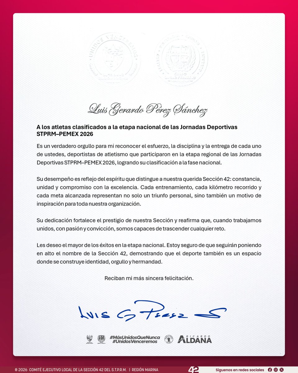 Compartimos un mensaje que nuestro Líder Luis Gerardo Pérez Sánchez, envía a las y los atletas que clasificaron a la Etapa Nacional de las Jornadas Deportivas STPRM-PEMEX 2026.

#SomosSTPRM 
#MásUnidosQueNunca 
#UnidosVenceremos 
<a href="/lgps03101/">@lgps0310</a>