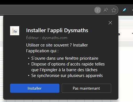 Ca y est c'est dispo en Progressive Web App pour pas dépendre d'un accès à Internet actif. Sous Chrome ou Edge, vous cliquez sur ce bouton et vous suivez le guide.