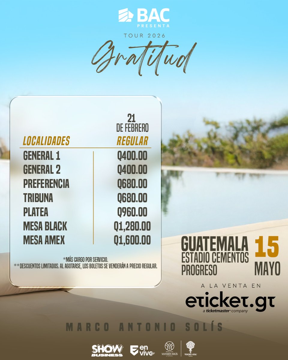 🎶 Marco Antonio Solís llega a Guatemala 🇬🇹✨

“El Buki” presenta su gira Gratitud, una noche llena de emoción y grandes éxitos. 💛🎤

📍 Estadio Cementos Progreso
📆 15 de mayo
🎟️ ETICKET.GT

<a href="/mp5noticias/">Mp5 Comunicación</a>.
<a href="/SHOWSGUATEMALA/">SHOW BUSINESS</a>